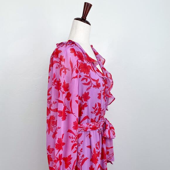 Ann Taylor Pink Floral Ruffle Faux Wrap Midi Dress Size 6 - Picture 6 of 11